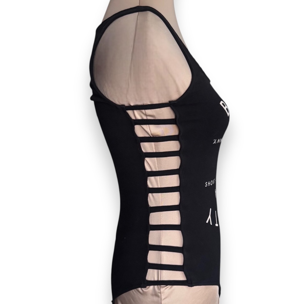 FOREVER 21 Black “Beauty Is A Short-Lived Tyranny” Strappy Side Bodysuit Size S - Picture 3 of 9